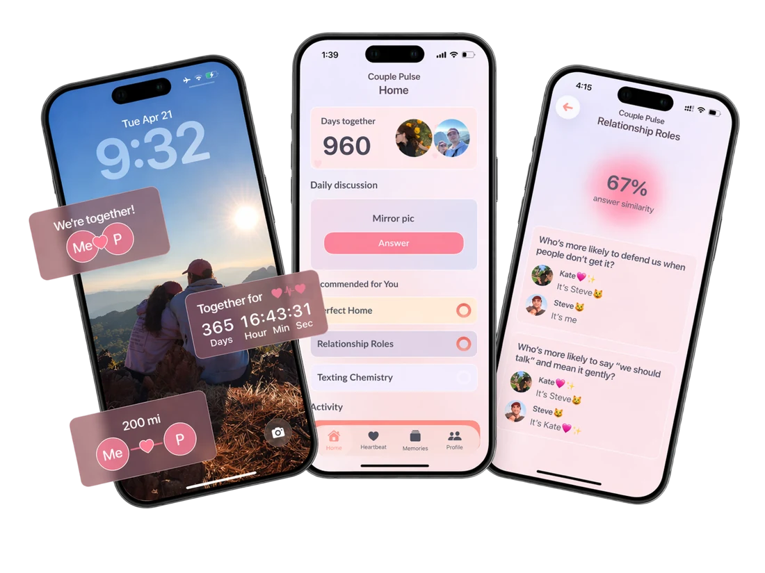 Couple Pulse app overview: questions, a relationship counter, and phone widgets.