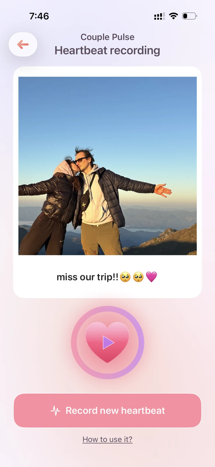 Saved heartbeat with a trip photo, personal caption, and replay control.